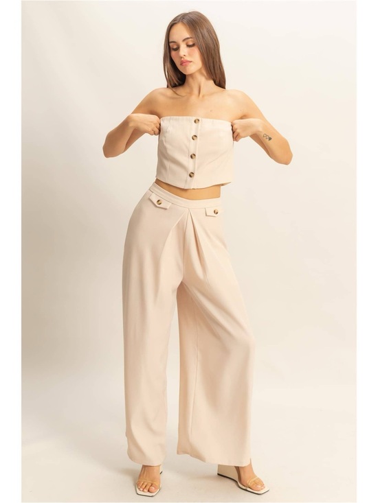 HYFVE Pants - Strapless top & Wide-Leg High-Waist Pants set -Beige